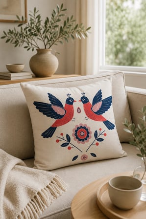 ELVORAN JOY Folk Sanatı Kuş Desenli Dekoratif Tek Taraf Baskılı Kırlent Kılıfı 43x43 cm – Modern İskandinav Salon