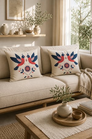 ELVORAN JOY Folk Sanatı Kuş Desenli Dekoratif Tek Taraf Baskılı Kırlent Kılıfı 43x43 cm – Modern İskandinav Salon