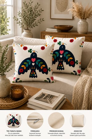 ELVORAN JOY Folk Kuş ve Kalp Desenli Dekoratif Çift Taraf Baskılı Kırlent Kılıfı 43x43 cm – Modern İskandinav