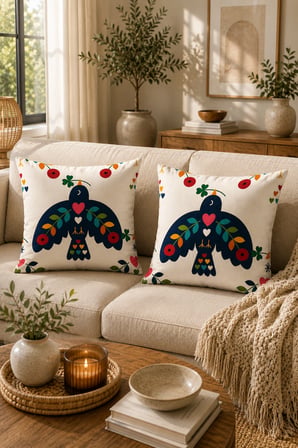 ELVORAN JOY Folk Kuş ve Kalp Desenli Dekoratif Çift Taraf Baskılı Kırlent Kılıfı 43x43 cm – Modern İskandinav