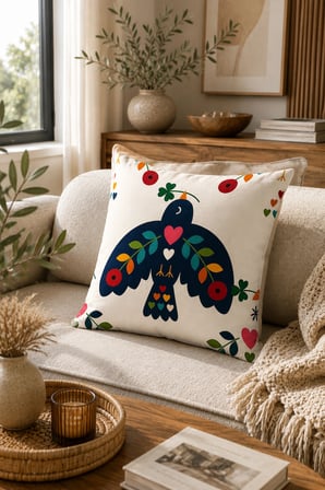 ELVORAN JOY Folk Kuş ve Kalp Desenli Dekoratif Çift Taraf Baskılı Kırlent Kılıfı 43x43 cm – Modern İskandinav