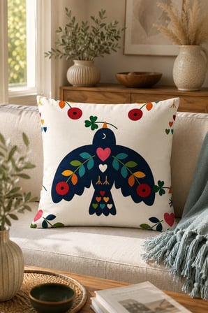 ELVORAN JOY Folk Kuş ve Kalp Desenli Dekoratif Çift Taraf Baskılı Kırlent Kılıfı 43x43 cm – Modern İskandinav