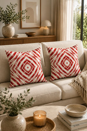 ELVORAN JOY Kırmızı Geometrik Desenli Dekoratif Tek Taraf Baskılı Kırlent Kılıfı 43x43 cm – Modern Bohem