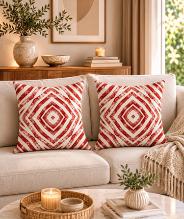 ELVORAN JOY Kırmızı Geometrik Desenli Dekoratif Tek Taraf Baskılı Kırlent Kılıfı 43x43 cm – Modern Bohem