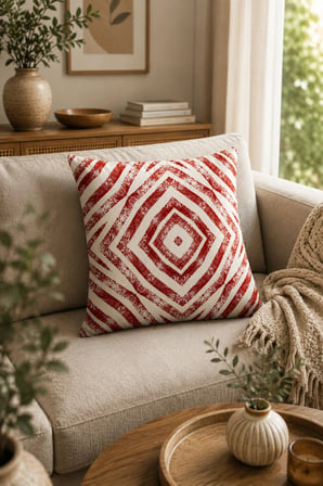 ELVORAN JOY Kırmızı Geometrik Desenli Dekoratif Tek Taraf Baskılı Kırlent Kılıfı 43x43 cm – Modern Bohem
