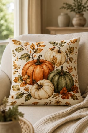 Sonbahar Balkabağı 4’lü Çift Taraf Baskılı Kırlent Kılıfı 43x43 cm + Runner 40x140 cm Dekoratif 5’li Set