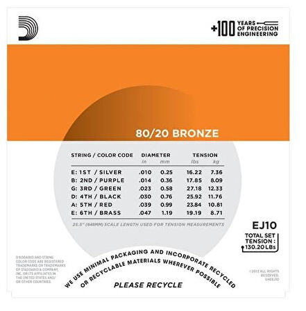 DADDARIO EJ10 AKUSTİK GİTAR TEL SETİ, 10-47, 80/20 BRONZE, EXTRA LIGHT