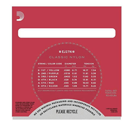 DADDARIO EJ27N KLASİK GİTAR TEL SETİ, 4/4, SILVERPLATED WOUND, NORMAL TENSION