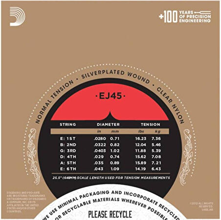 DADDARIO EJ45 PRO-ARTE KLASİK GİTAR TEL SETİ, SILVERPLATED WOUND, NORMAL TENSION