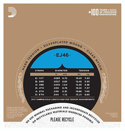 DADDARIO EJ46-3D PRO-ARTE KLASİK GİTAR TEL SETİ, 3'LÜ PAKET, HARD TENSION