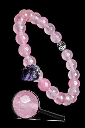 Sertifikalı Gümüş Aparatlı Doğal Pembe Kuvars Taşı Bileklik - Ametist Sallantılı
