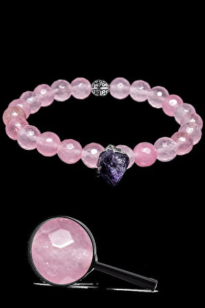 Sertifikalı Gümüş Aparatlı Doğal Pembe Kuvars Taşı Bileklik - Ametist Sallantılı