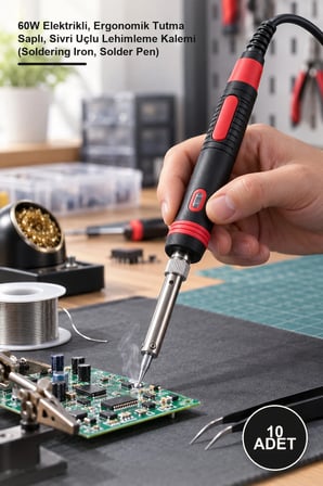 10 Adet Kalem Havya – 60W Elektrikli, Ergonomik Tutma Saplı, Sivri Uçlu Lehimleme Kalemi (Soldering Iron, Solder Pen)
