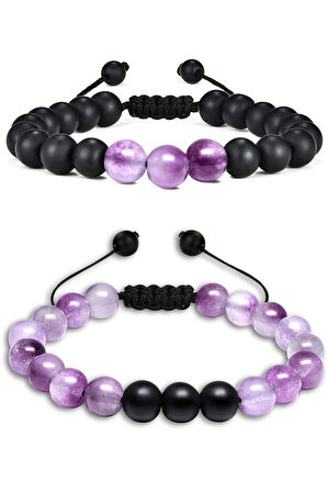 Sertifikalı Doğal Şeffaf Mor Ametist Oniks Taşı Doğal Taş Bileklik Seti