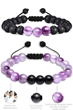 Sertifikalı Doğal Şeffaf Mor Ametist Oniks Taşı Doğal Taş Bileklik Seti
