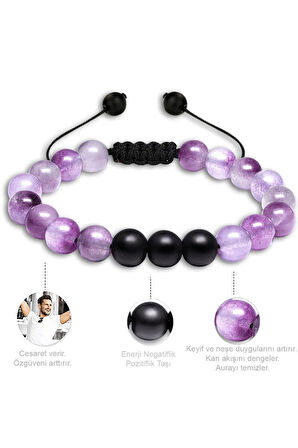 Sertifikalı Doğal Şeffaf Mor Ametist Oniks Taşı Doğal Taş Bileklik Seti