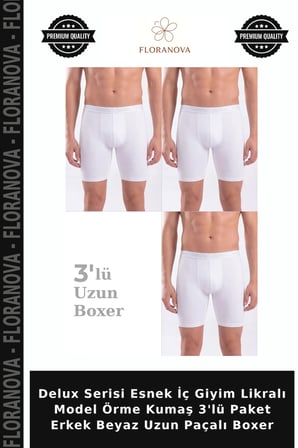 Delux Serisi Esnek İç Giyim Likralı Model Örme Kumaş 3'lü Paket Erkek Beyaz Uzun Paçalı Boxer