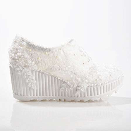 EK Merve 2525 Kadın Nakılşı Dolgu Topuklu Gelin Ayakkabısı