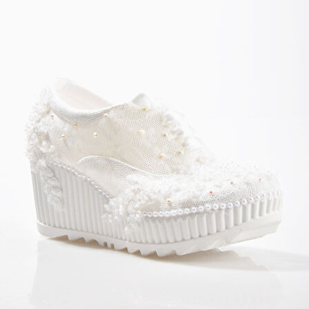 EK Merve 2525 Kadın Nakılşı Dolgu Topuklu Gelin Ayakkabısı