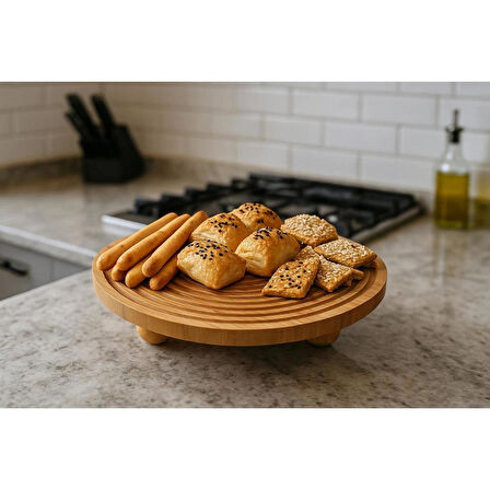 Bambu Dekoratif Top Ayaklı Yuvarlak Sunum Tabağı, Servis Tabağı, (28 X 28 cm)