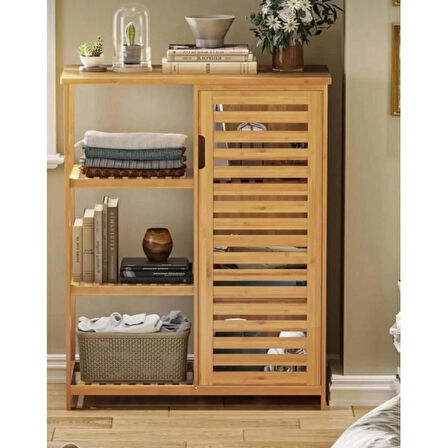  Bambu Çok Amaçlı Düzenleyici Dolap / Banyo Dolabı, Ayakkabılık, 3 Raflı 1 Kapaklı, 66 x 87 x 33
