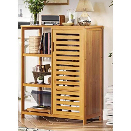  Bambu Çok Amaçlı Düzenleyici Dolap / Banyo Dolabı, Ayakkabılık, 3 Raflı 1 Kapaklı, 66 x 87 x 33