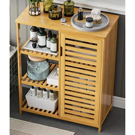  Bambu Çok Amaçlı Düzenleyici Dolap / Banyo Dolabı, Ayakkabılık, 3 Raflı 1 Kapaklı, 66 x 87 x 33