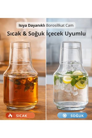 Bardaklı Borosilikat Cam Sürahi 1.75 Litre | Isıya Dayanıklı Şeffaf Su ve Soğuk İçecek Sürahisi