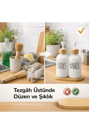 Bambu Standlı 2’li Cam Sıvı Sabunluk Seti 550 ml | Hands & Dishes Yazılı | Mutfak ve Banyo İçin Doğal Bambu Organizer
