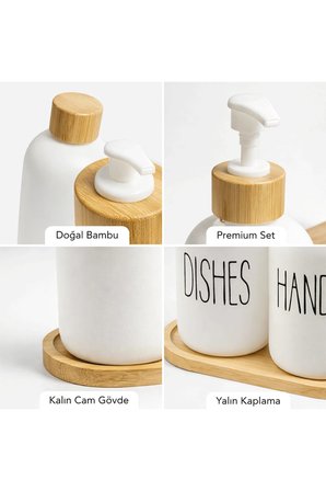 Bambu Standlı 2’li Cam Sıvı Sabunluk Seti 550 ml | Hands & Dishes Yazılı | Mutfak ve Banyo İçin Doğal Bambu Organizer