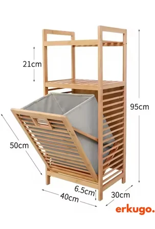 Bambu 2 Raflı Kirli Sepeti,  Çok Amaçlı Banyo Düzenleyici, Çamaşır Sepeti Organizer, Raf
