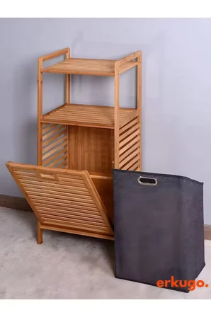 Bambu 2 Raflı Kirli Sepeti,  Çok Amaçlı Banyo Düzenleyici, Çamaşır Sepeti Organizer, Raf