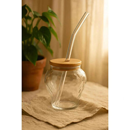  Çilek Model Borosilikat Cam Bardak, Bambu Kapaklı, 400 ml, Pipet Hediyeli
