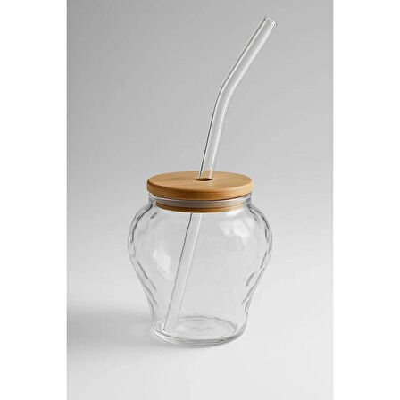  Çilek Model Borosilikat Cam Bardak, Bambu Kapaklı, 400 ml, Pipet Hediyeli