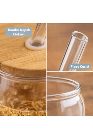 Bambu Kapaklı Pipetli Borosilikat Sunum Bardağı, Kahve Bardağı, Isı Dayanıklı Bardak (600 ml) Coollime