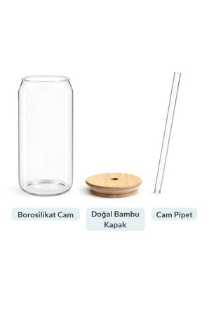 Bambu Kapaklı Pipetli Borosilikat Sunum Bardağı, Kahve Bardağı, Isı Dayanıklı Bardak (600 ml) Coollime