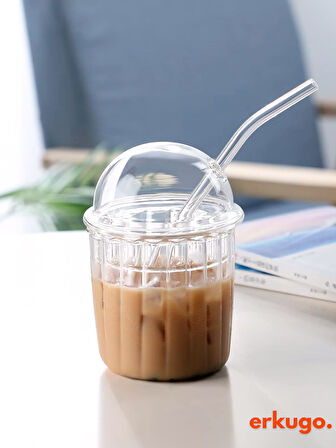 Cam Kapaklı Pipetli Borosilikat Sunum Bardağı, Isıya Dayanıklı Bardak, Kahve Bardağı (550 ml) Icemocha