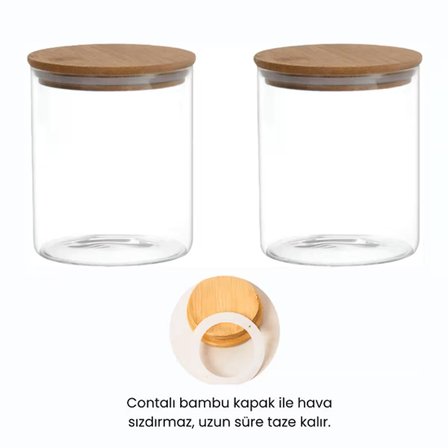 12 Adet Vakumlu Bambu Kapaklı Borosilikat Baharatlık, Saklama Kabı, Çerezlik (200 ml) Jarpot