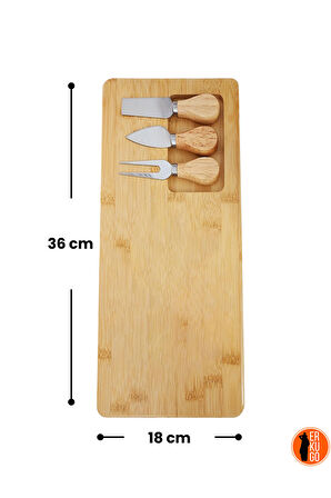 4 Parça Bambu Peynir Sunum Tahtası ve Çatal - Spatula - Bıçak Seti, Peynir Kesim Panosu, Sunum Seti