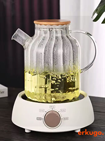 Vakumlu Bambu Kapaklı Isıya Dayanıklı Borosilikat Cam Demlik, Süzgeçli Demlik (1800 ml) EKG-Lemonade