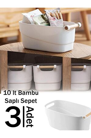 Beyaz 3 Adet Orta Boy (10 Lt) Bambu Saplı Dekoratif Sepet, 3'lü Set Organizer Düzenleyici Kutu