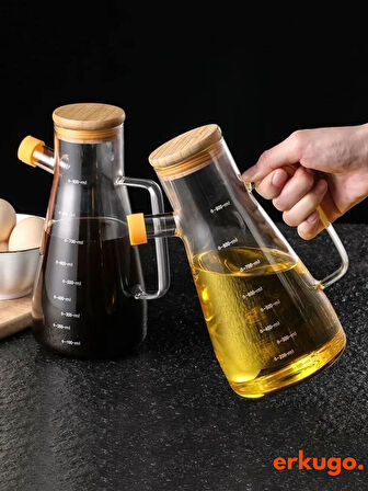 2 Adet Vakumlu Bambu Kapaklı Borosilikat Yağdanlık, Zeytinyağı Sıvıyağ Şişesi, Yağlık (900 ml) Oilpot