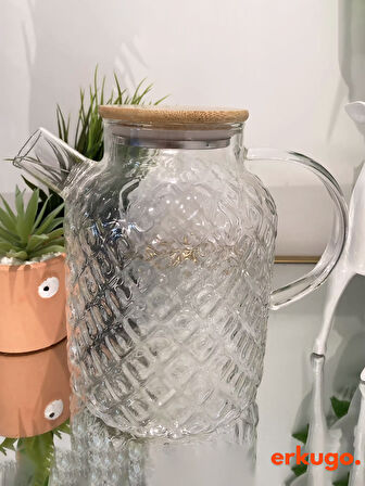 Vakumlu Bambu Kapaklı Isıya Dayanıklı Borosilikat Cam Demlik, Süzgeçli Demlik (1800 ml) Pineapplejug