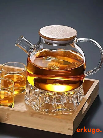 Vakumlu Bambu Kapaklı Isıya Dayanıklı Borosilikat Cam Demlik, Süzgeçli Demlik (1000 ml) Teapot