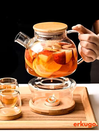 Vakumlu Bambu Kapaklı Isıya Dayanıklı Borosilikat Cam Demlik, Süzgeçli Demlik (1000 ml) Teapot