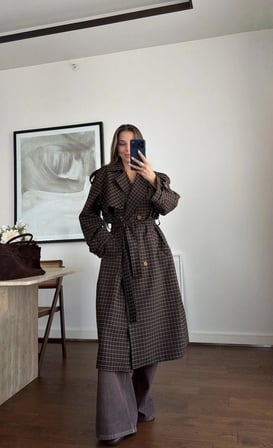 Kadın Kahverengi Ekose Detaylı Premium Trençkot