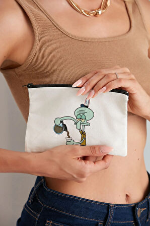 Squidward Model Baskılı Özel Baskı Kozmetik Bez Makyaj Çantası Kalemlik El Çantası Hediyelik