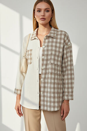Kadın Bej Oversize Fit Ekoseli Desenli Uzun Kollu %100 Pamuk Gömlek, Ceket, Kadın Oduncu Gömlek