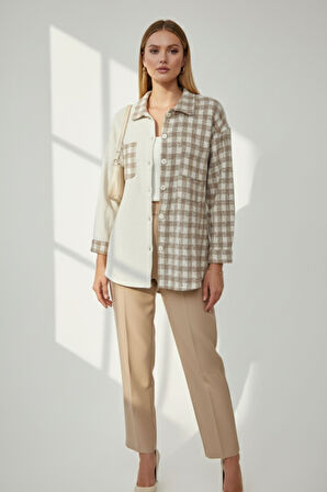 Kadın Bej Oversize Fit Ekoseli Desenli Uzun Kollu %100 Pamuk Gömlek, Ceket, Kadın Oduncu Gömlek