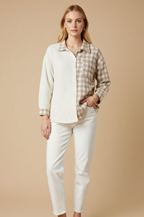 Kadın Bej Oversize Fit Ekoseli Desenli Uzun Kollu %100 Pamuk Gömlek, Ceket, Kadın Oduncu Gömlek